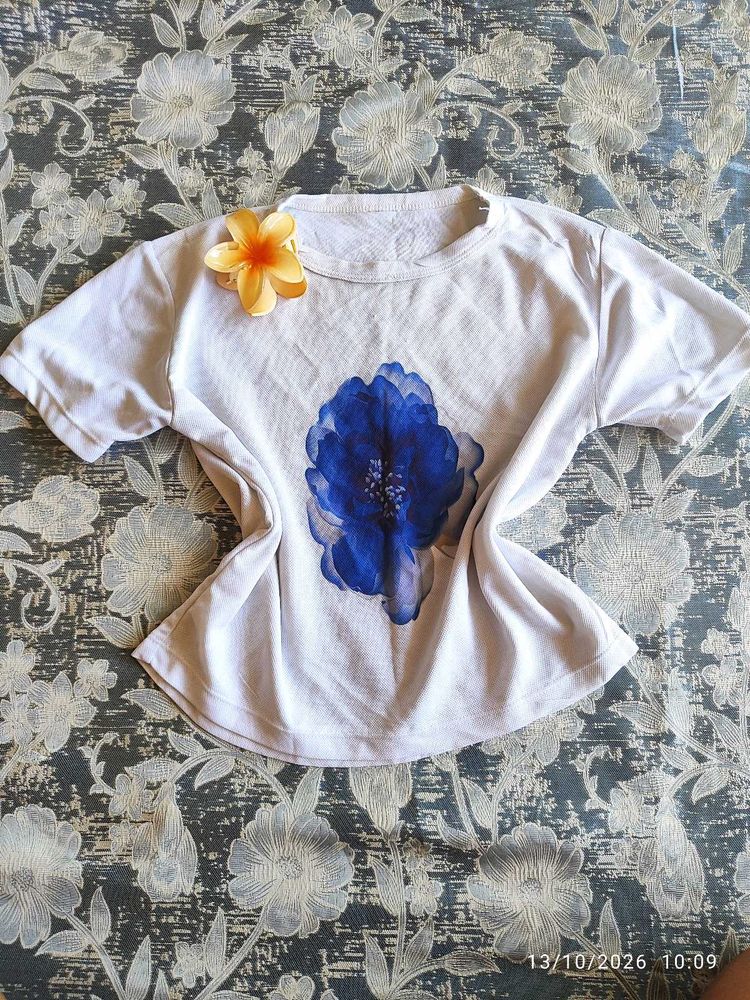 White T-Shirt with Blue Floral Print