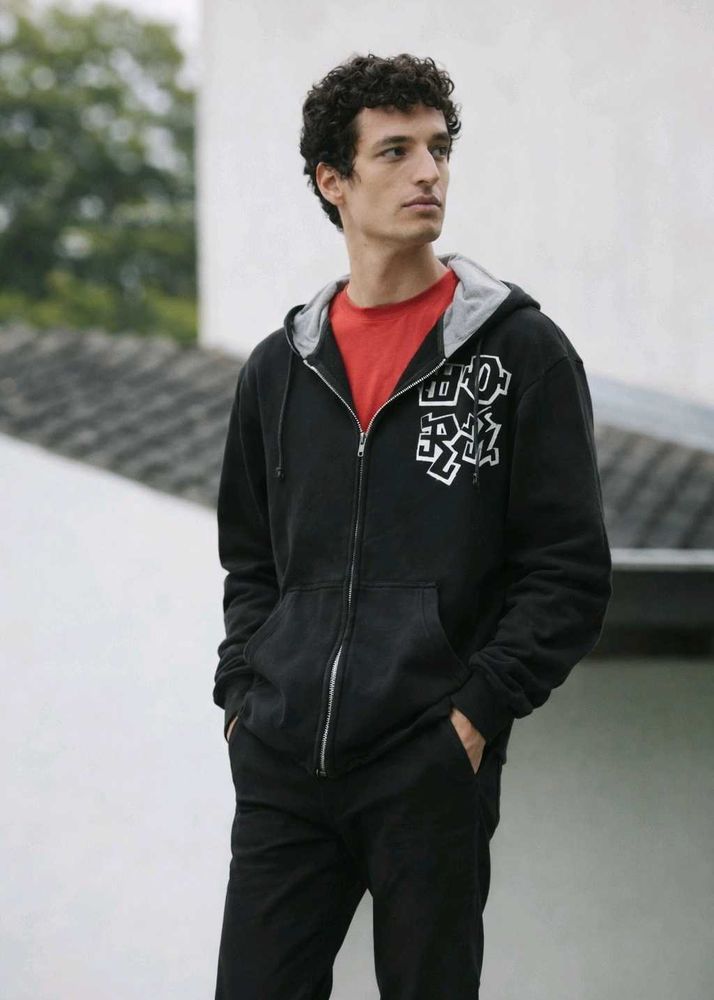 Black Graphic Print Zip-Up Hoodie
