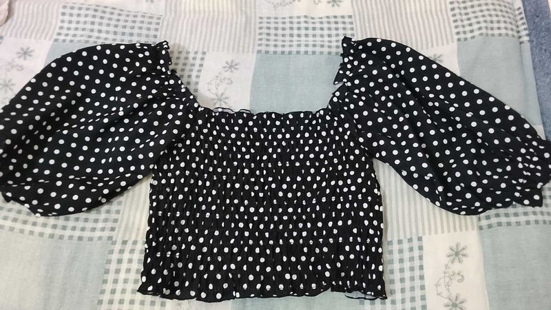 Black &amp; White Polka Dot Smocked Crop Top