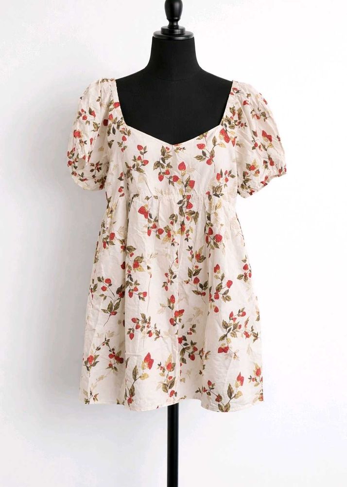 White Strawberry Print Mini Dress