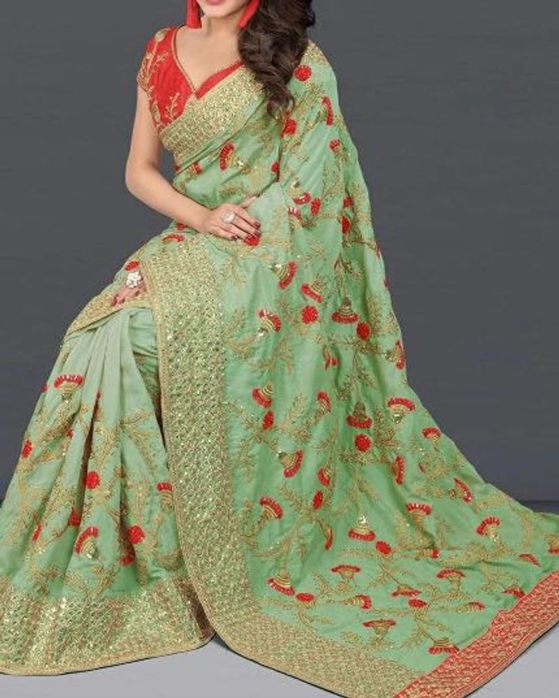 Embroidered olive Green Saree With Stitched Blouse