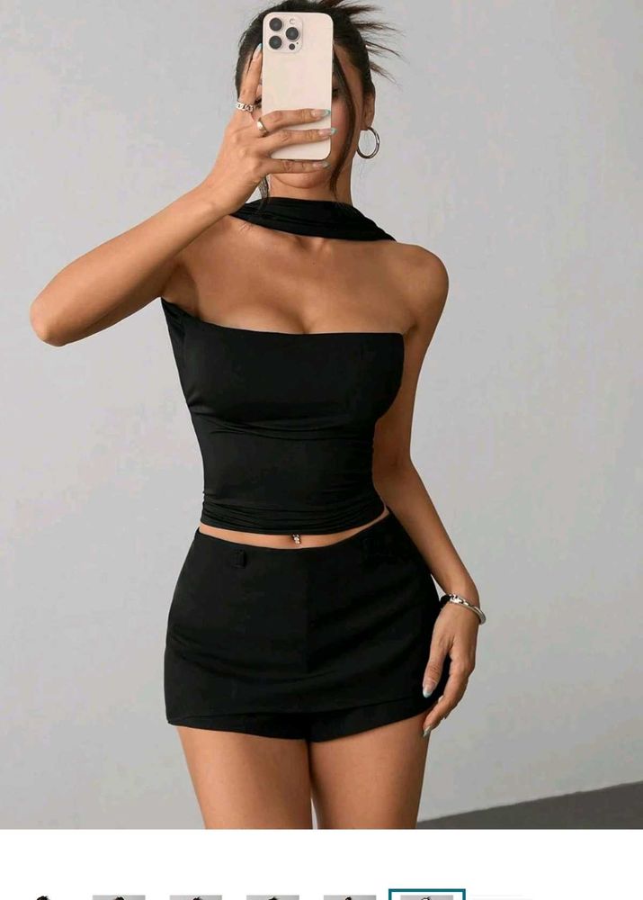 Chic Black One-Shoulder Top &amp; Shorts Set