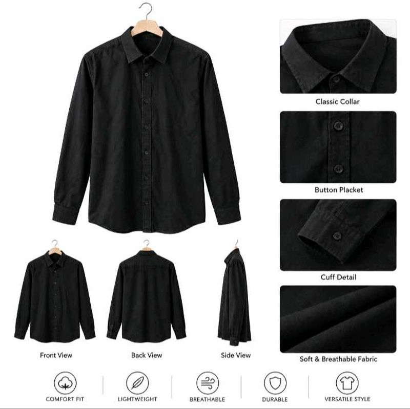 Classic Black Long Sleeve Button-Up Shirt. Size= M