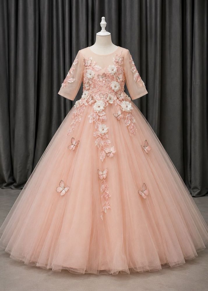 Peach Flower &amp; Butterfly Tulle Gown