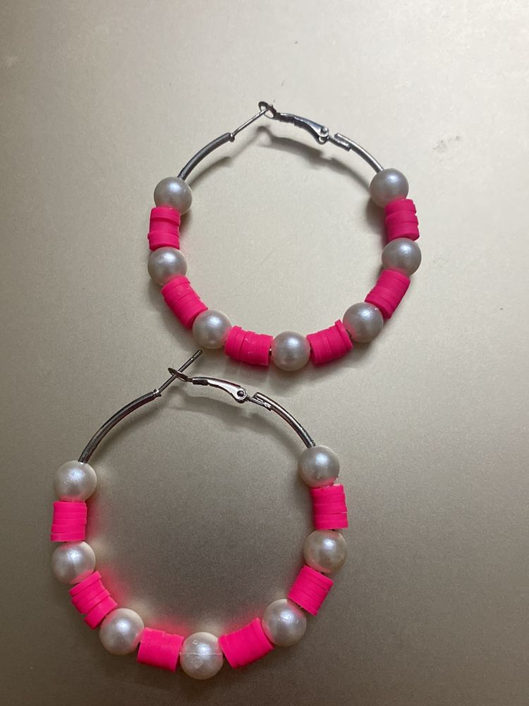 Pink Fimo Earring With White Beads