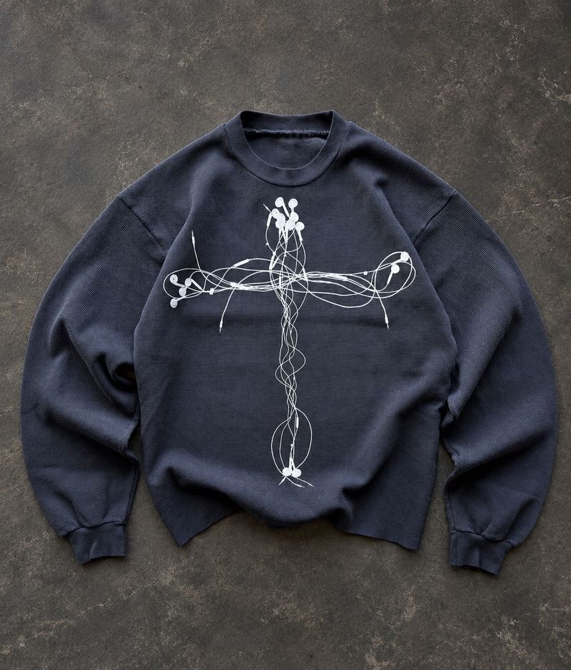 Navy blue Sweatshirt with Earphone Cross Graphic