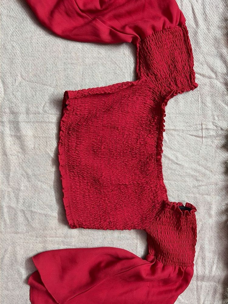 Red Smocked Crop Top with Puff Sleeves