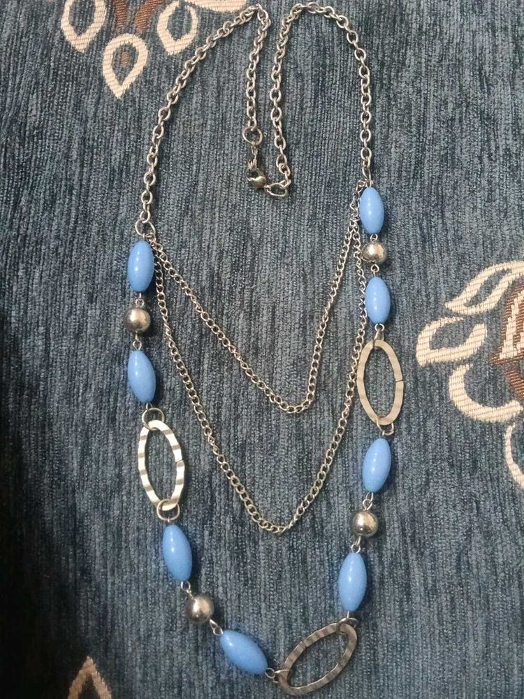 multi layer silver chain necklace with blue 💙 bea
