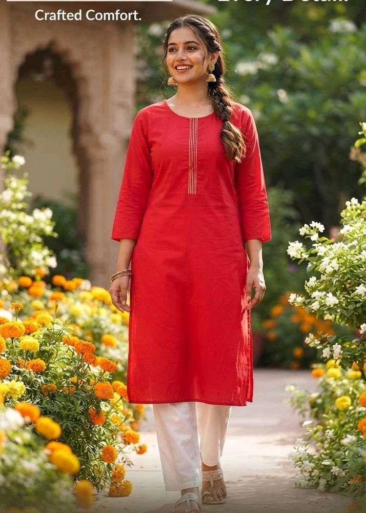 Vibrant Red Cotton Kurta with Gold Accent