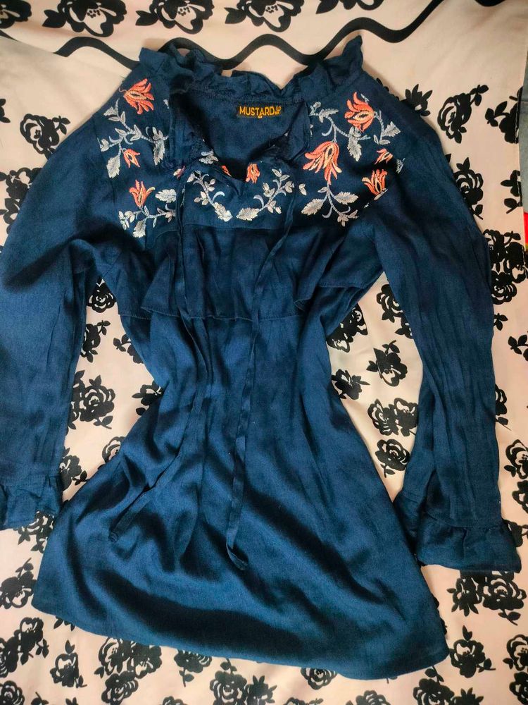 Embroidered Blue Kurta Boho Tunic Top