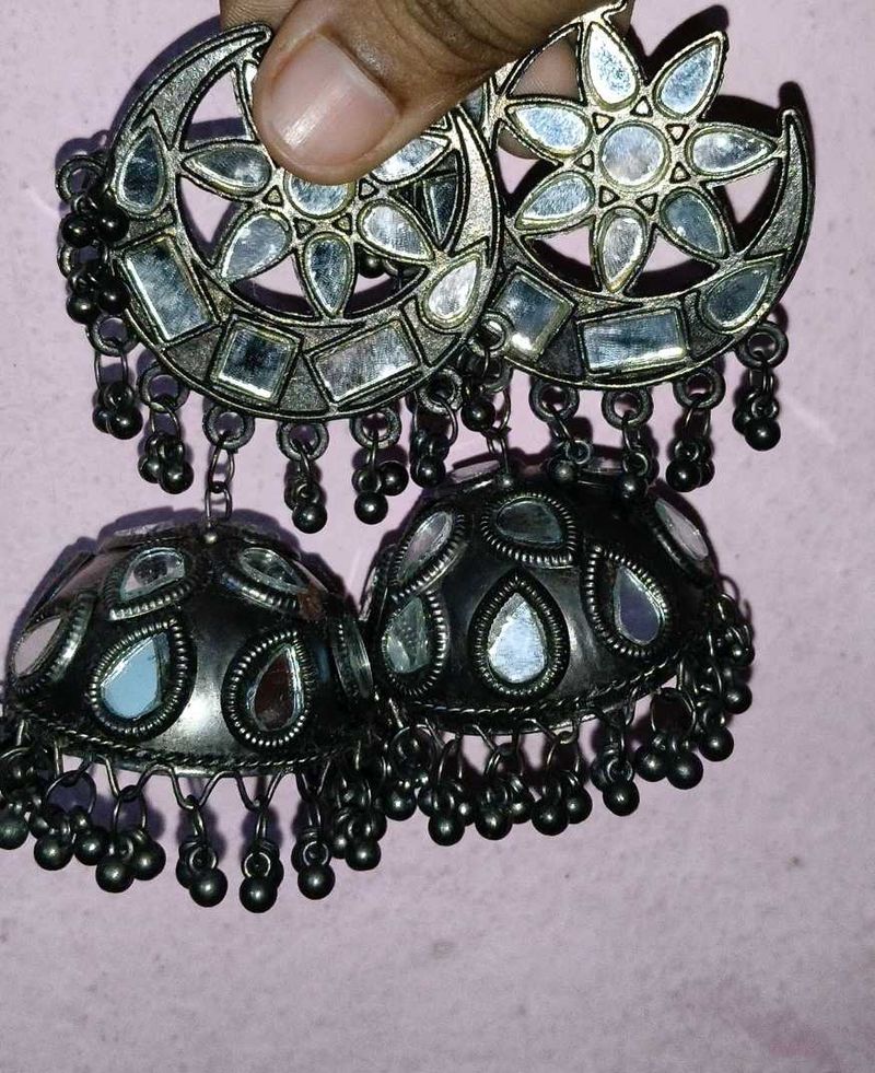 Oxidized Mirror Jhumka Earrings