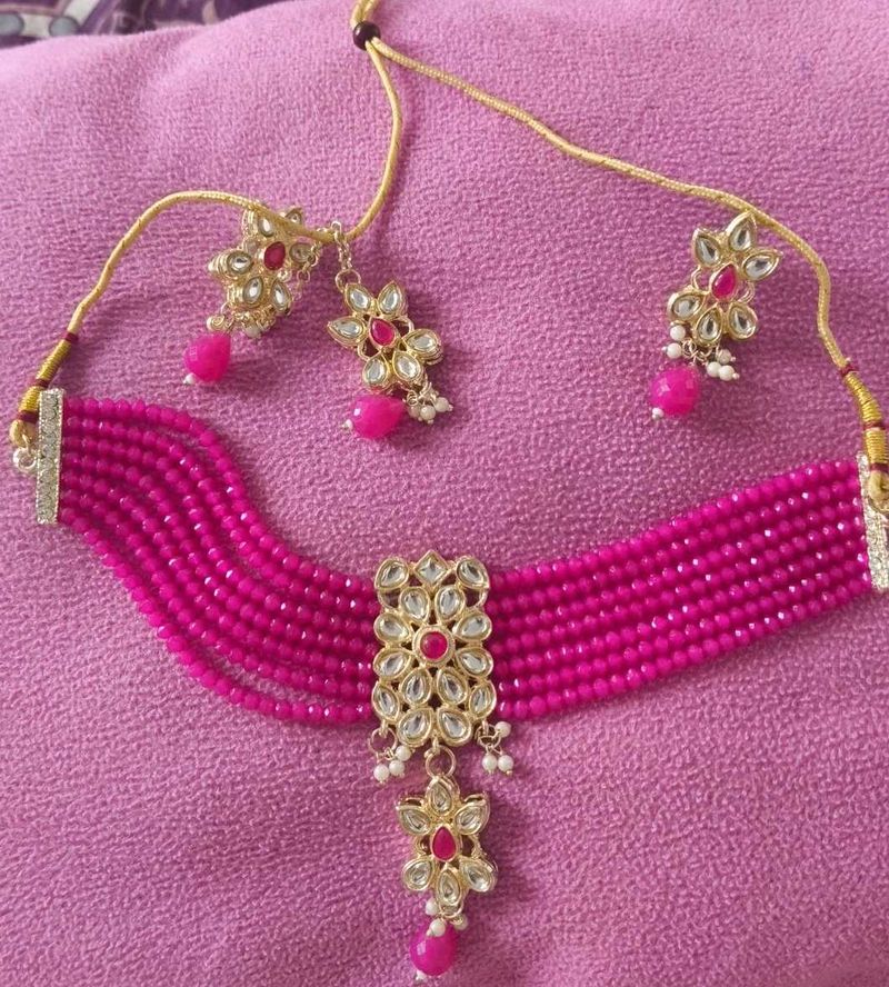 Elegant Pink Beaded Choker Necklace Set