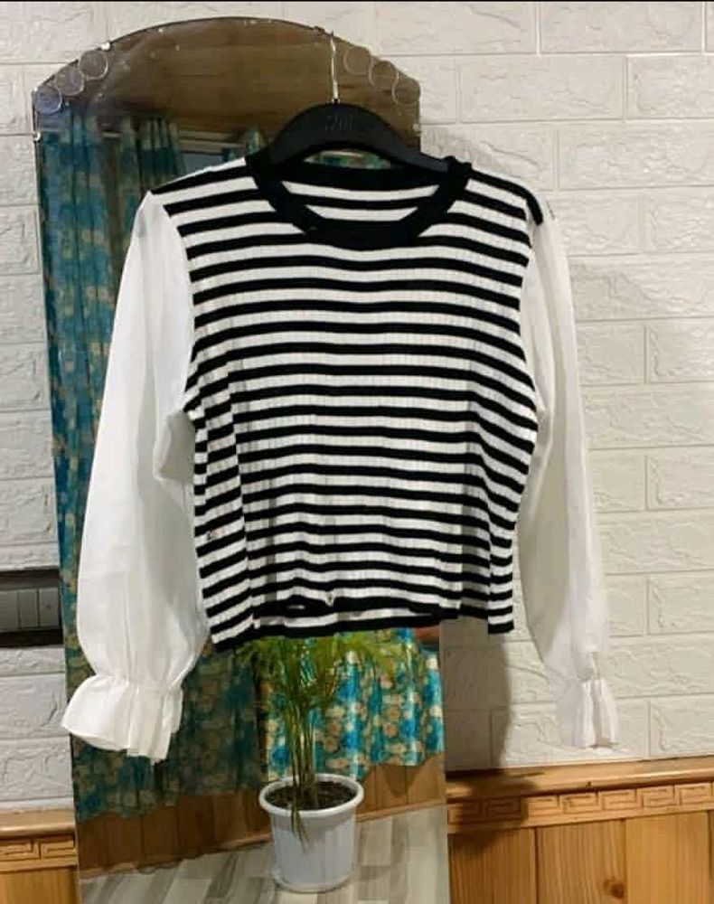 Striped Knit Top with Sheer Sleeves