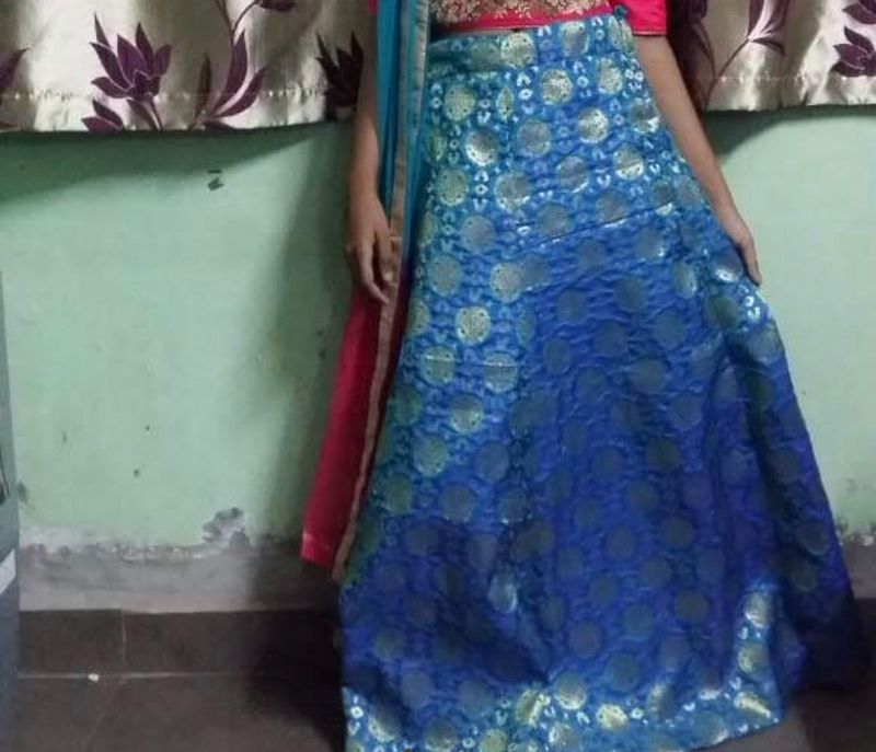 Blue Printed Ethnic Skirt with dupatta