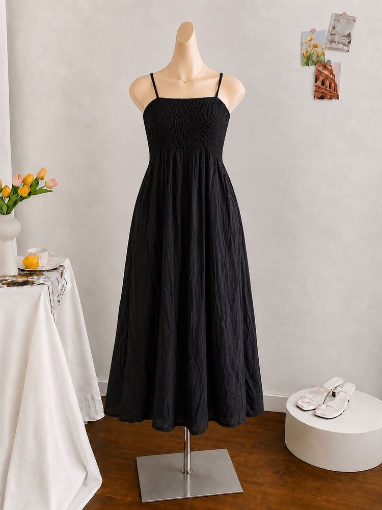 Smocked Black Midi Dress