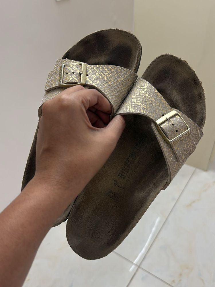 BIRKENSTOCK- Stylish Gold Snake Print Sandals
