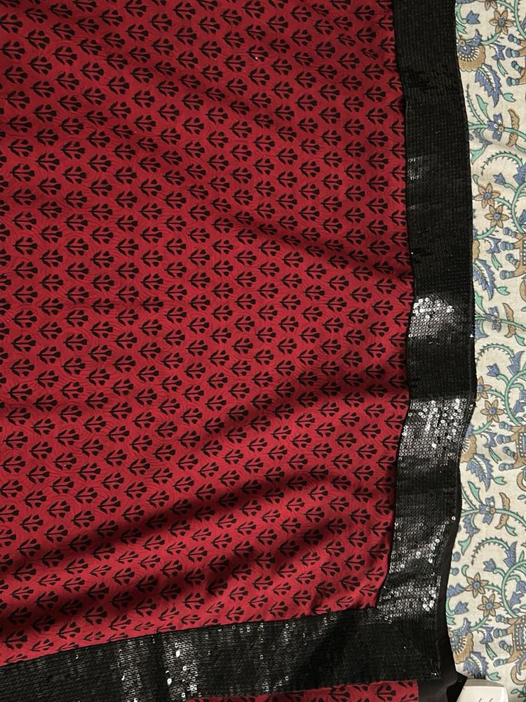 Maroon &amp; Black Printed Saree with Sequins