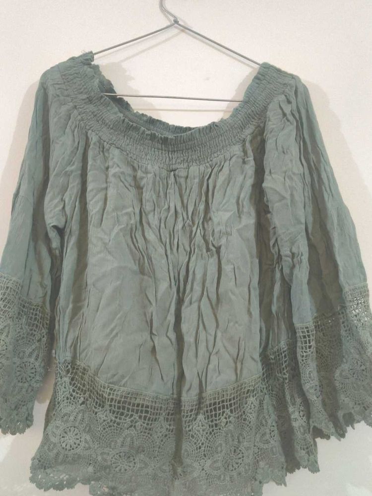 Boho Off-Shoulder Crochet Trim Top