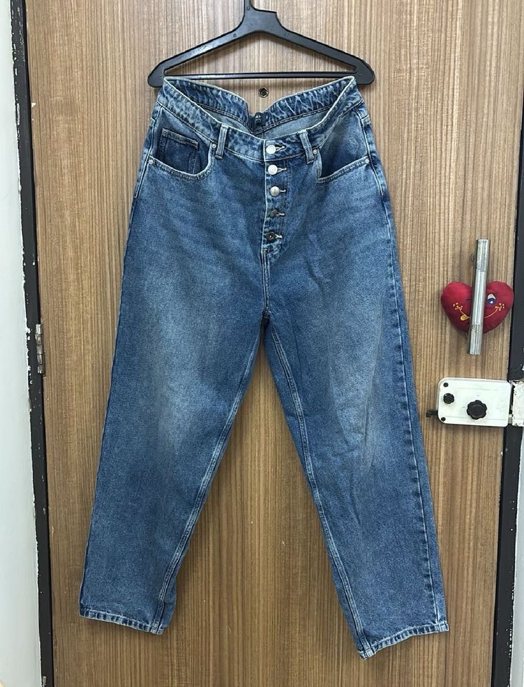 Blue Button-Up Wide Leg Jeans