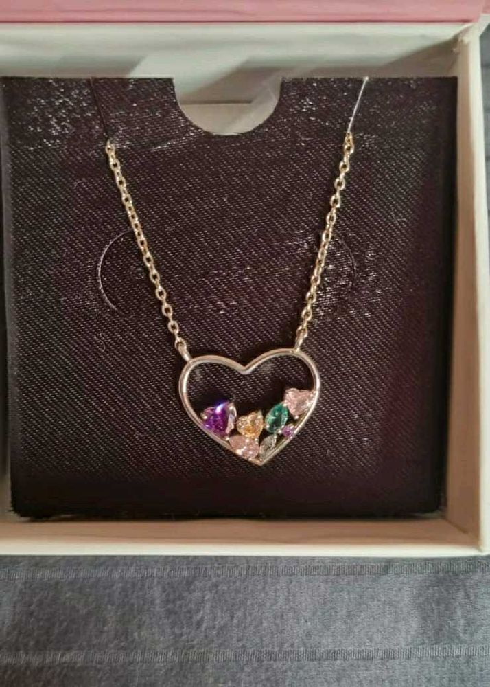 Heart Charm Necklace with Multi-color Gems