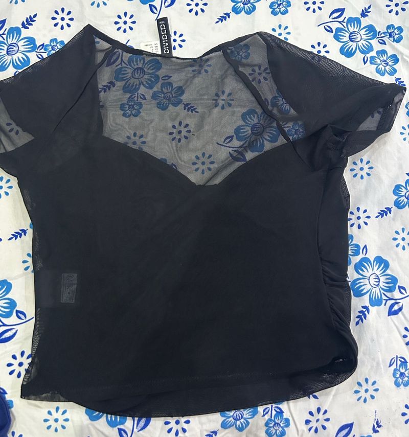 Black Mesh Ruched Bust Top