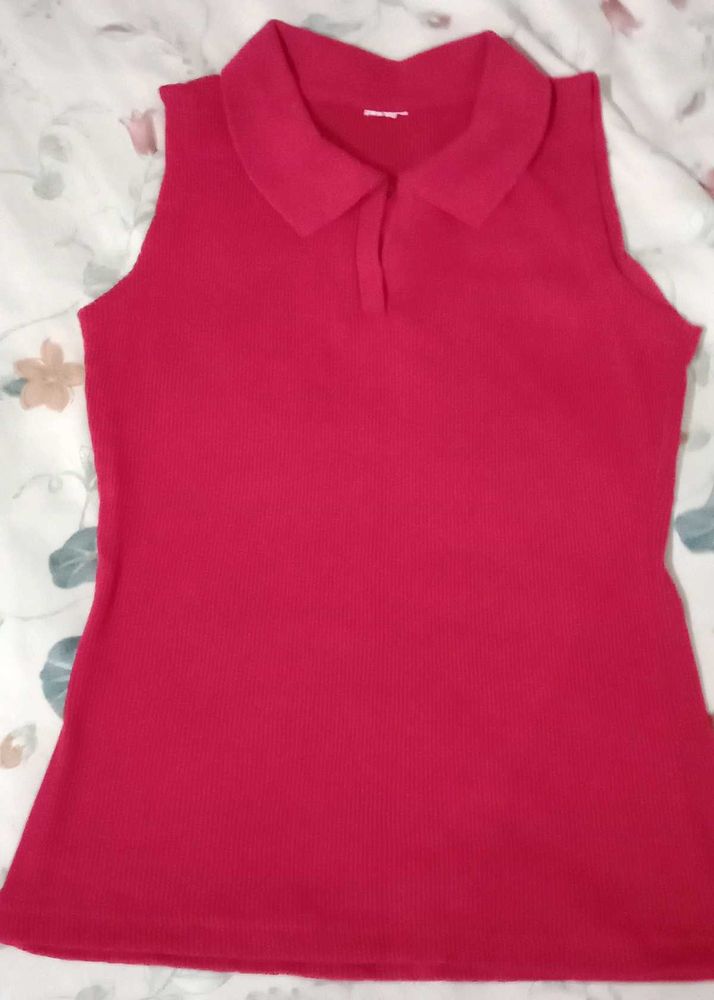 Red Sleeveless Polo Top