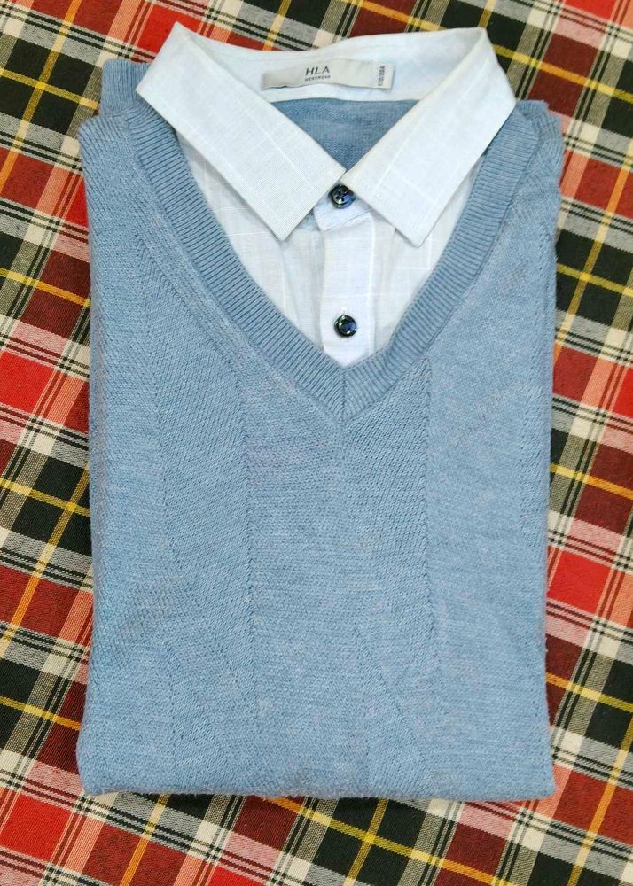 HLA Blue V-Neck Sweater &amp; Shirt Set