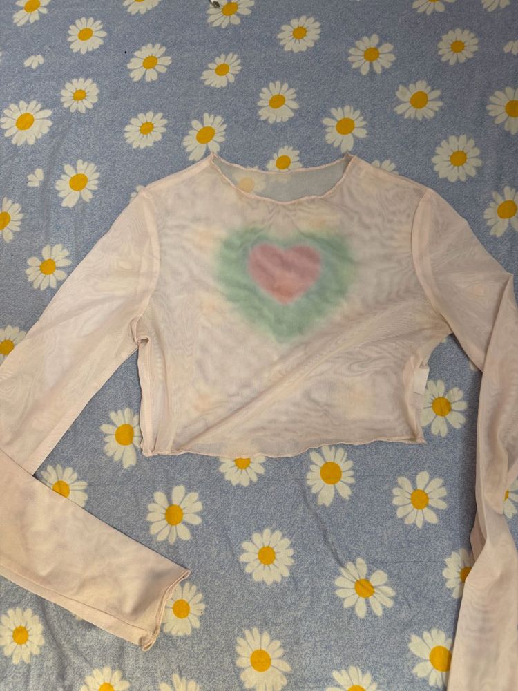 Sheer Heart Print Mesh Top