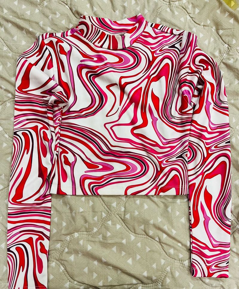 Vibrant Swirl Print Mock Neck Top