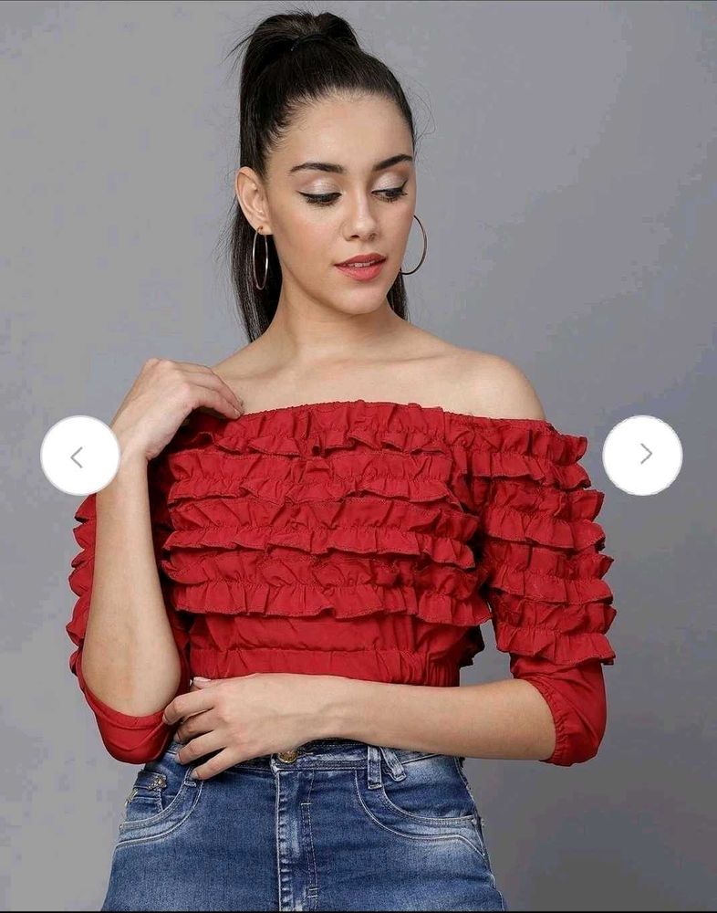 Red Off-Shoulder Ruffle Crop Top