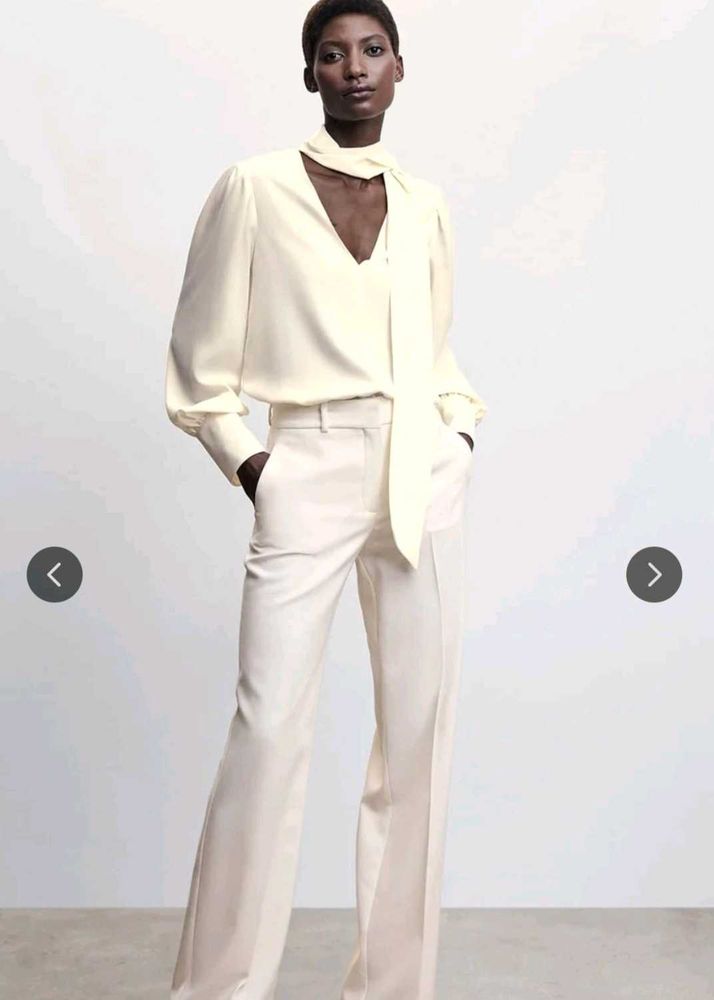 Mango elegant Cream Bow Neck Blouse