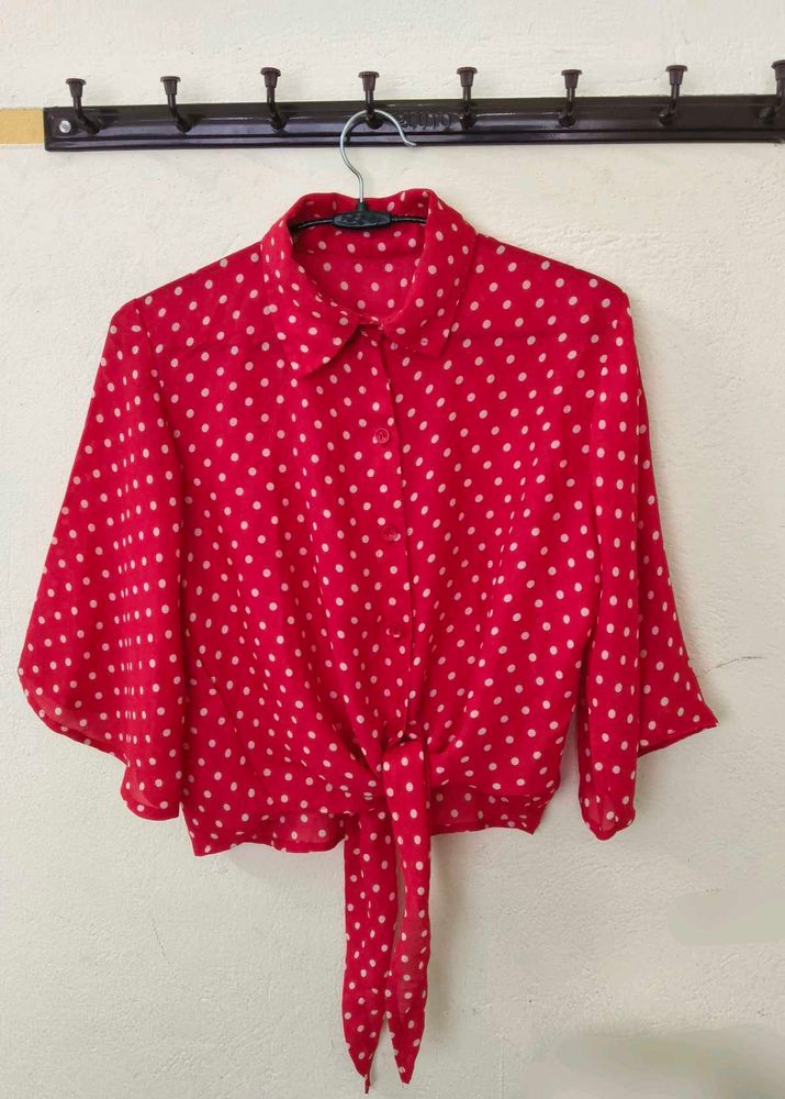 Red Polka Dot Tie-Front Blouse