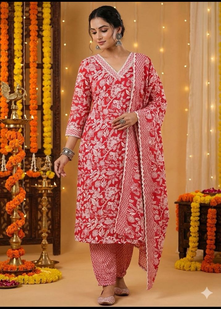 Red Floral Print Kurta Set with Dupatta
