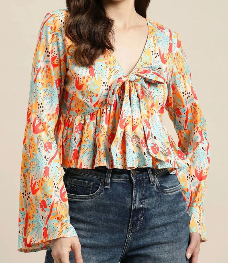 Boho Floral Print Tie-Front Peplum Top