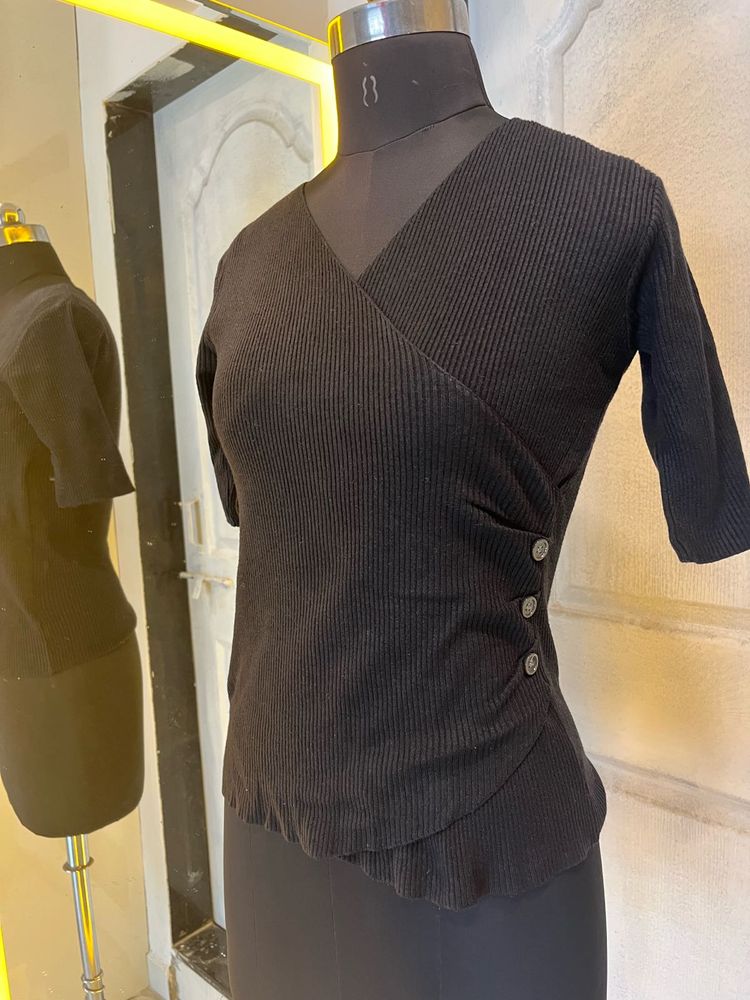 Black Ribbed Wrap Top