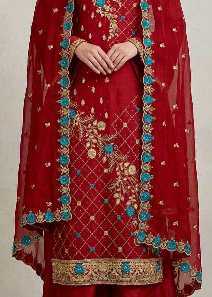 red embroidered dress material with dupatta