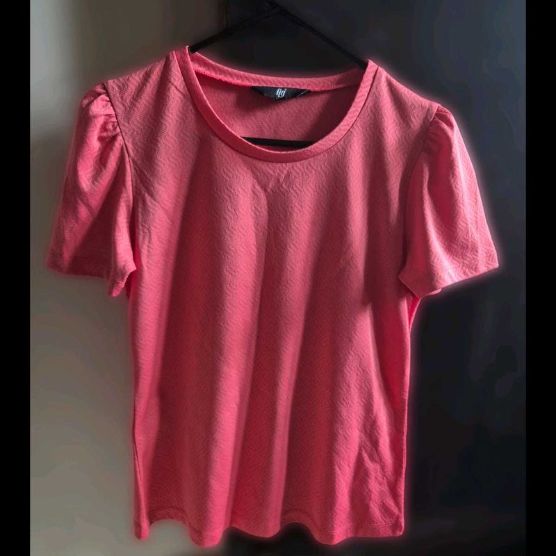 Coral Puff Sleeve Textured T-Shirt