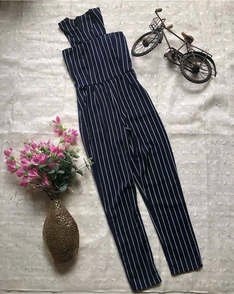 Navy Striped Strapless Jumpsuit