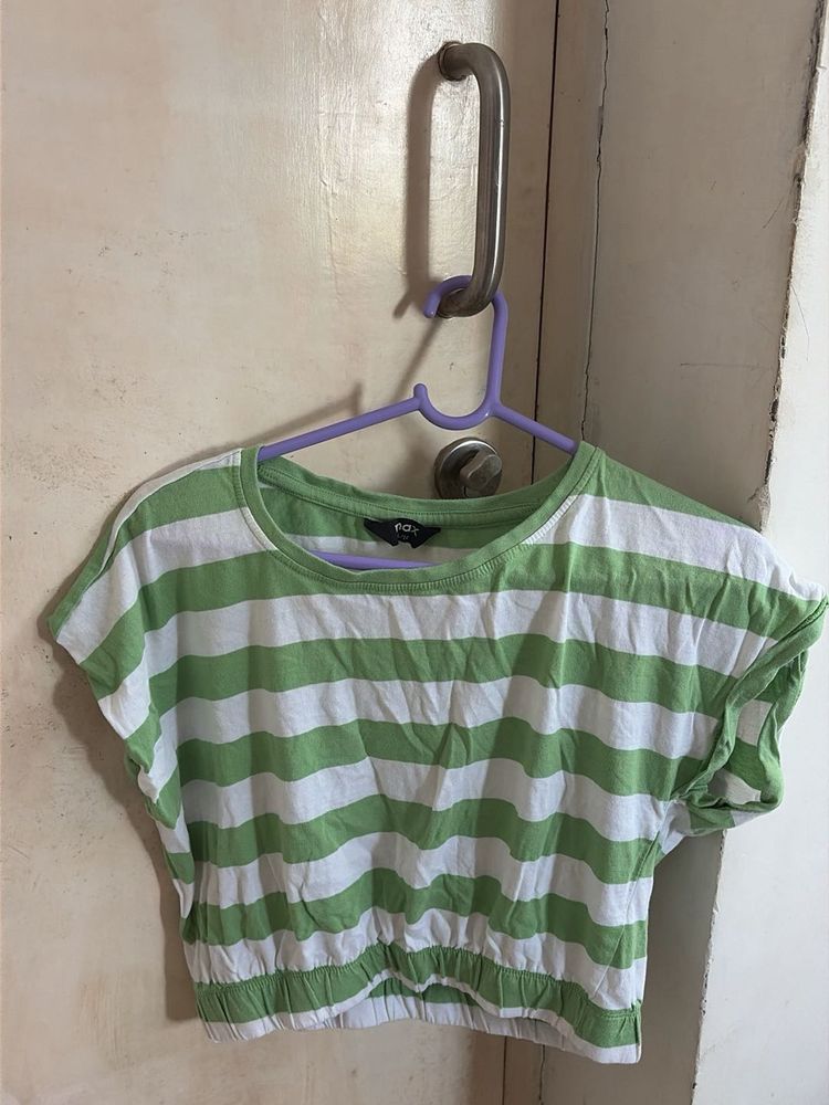 Green &amp; White Striped Cropped Top