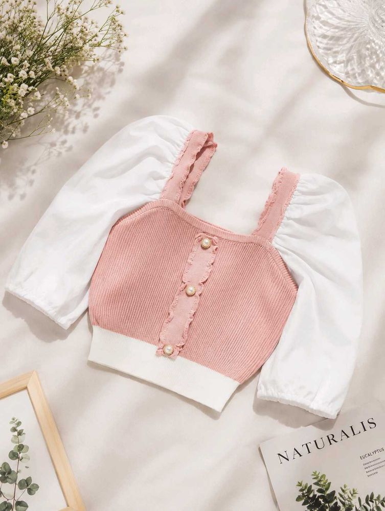 ❤️Chic Pink &amp; White Puff Sleeve Top❤️