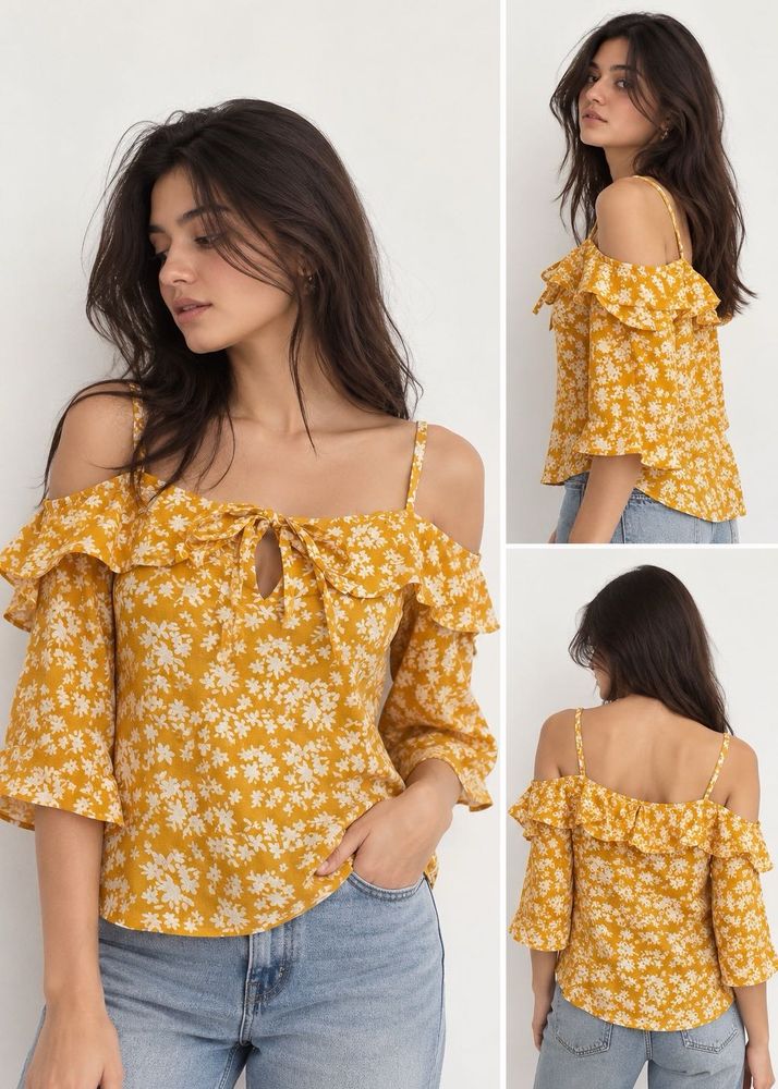 Yellow Floral Cold Shoulder Top