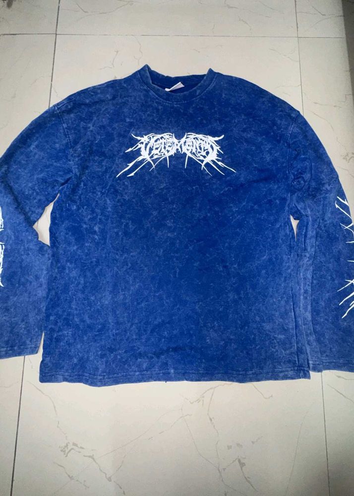 Men's Blue Acid Wash Graphic Long Sleeve Tee