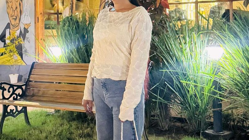 Cream Textured Long Sleeve Top