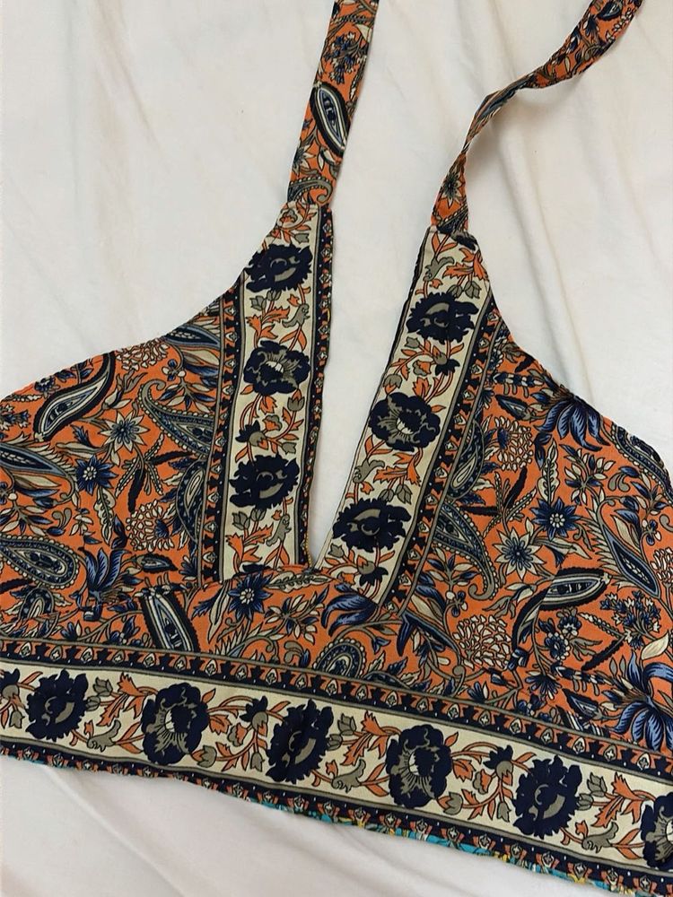 Boho Print Halter Neck Crop Top