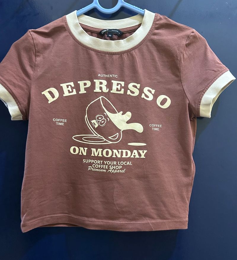 ONLY BROWN PRINTED CROPPED T  XS