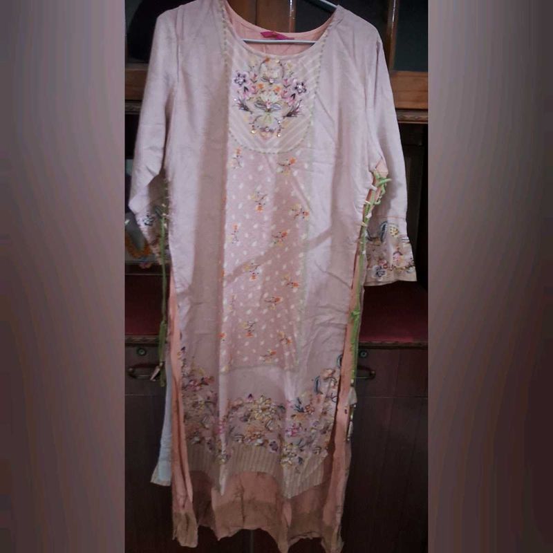Embroidered Pink  layered Kurta with side adjustab