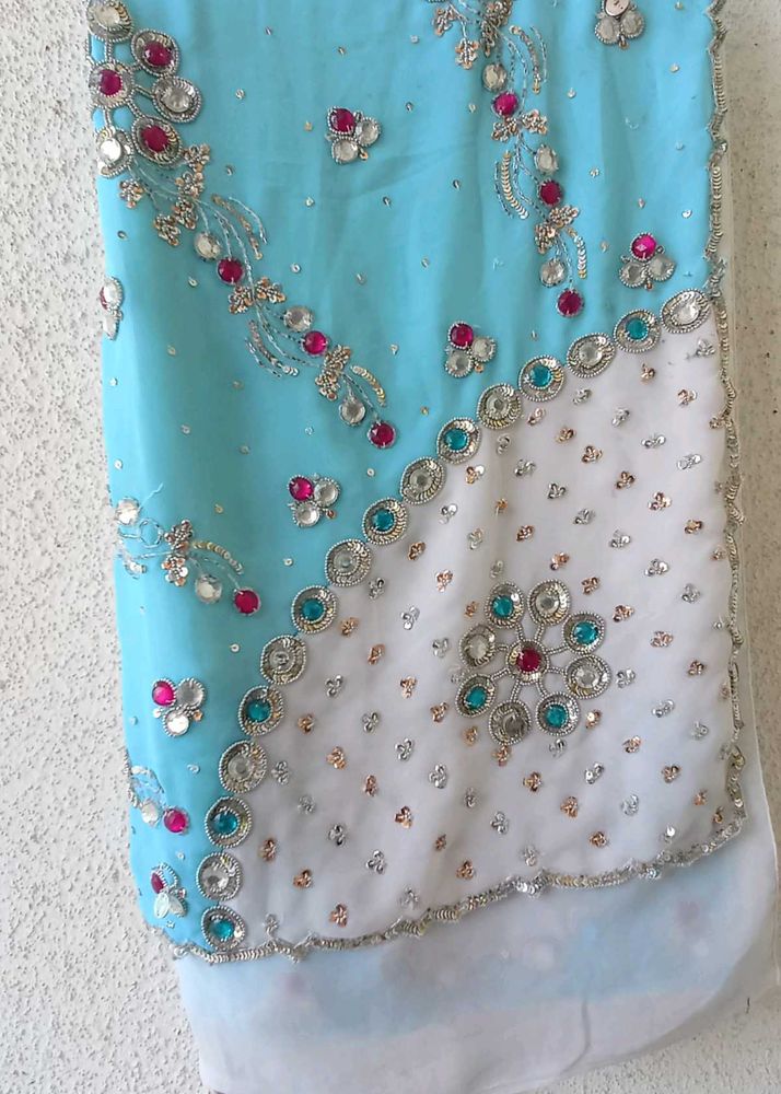 Stunning Blue &amp; White Embellished Saree