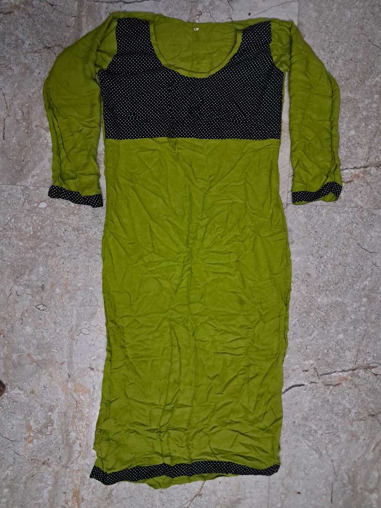 Lime Green Kurta with Black Polka Dot Yoke
