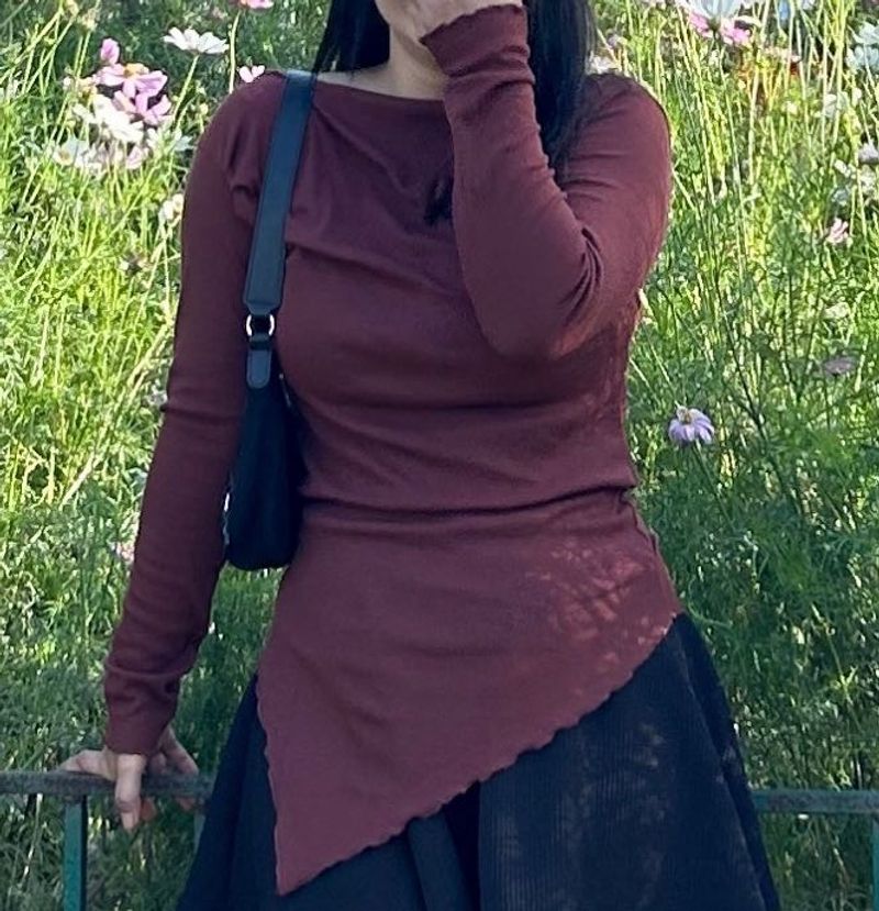 Maroon Asymmetrical Long Sleeve Top