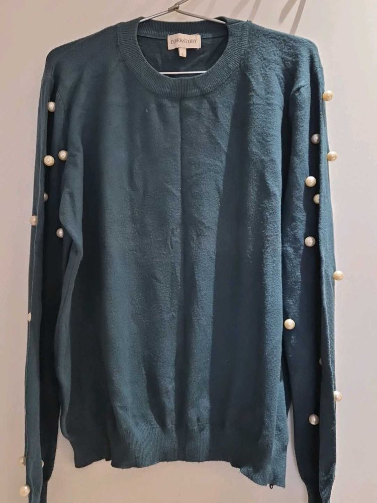Pearl Detail Teal Sweater